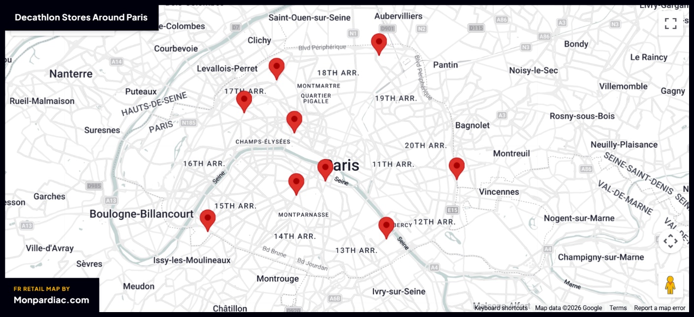 Plan des magasins Decathlon à Paris