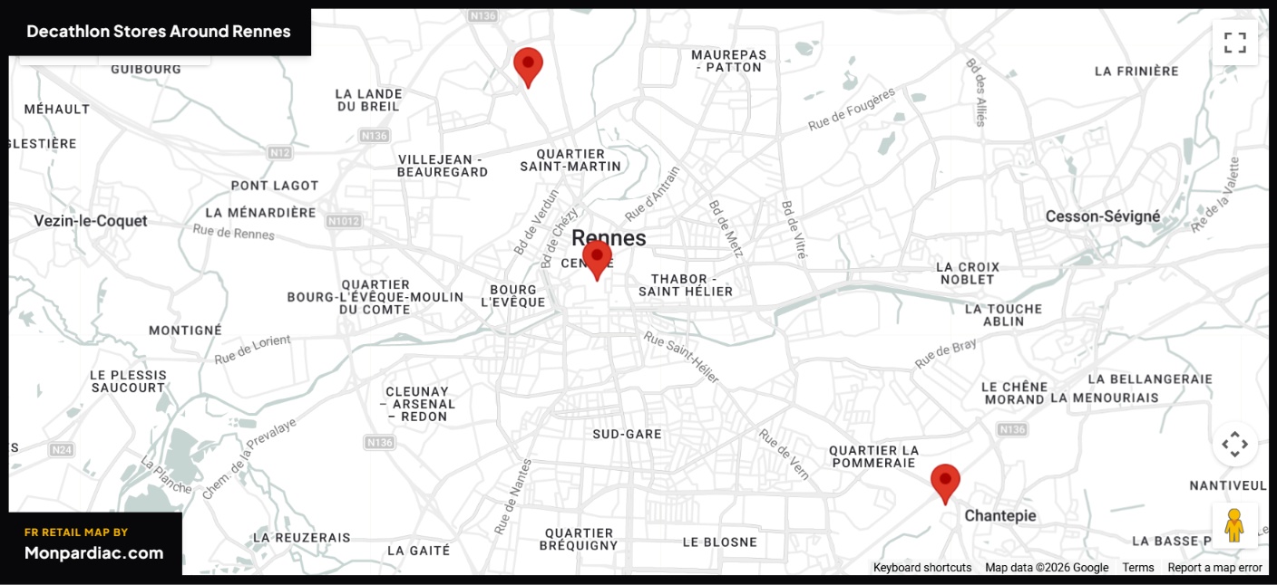Plan des magasins Decathlon à Rennes