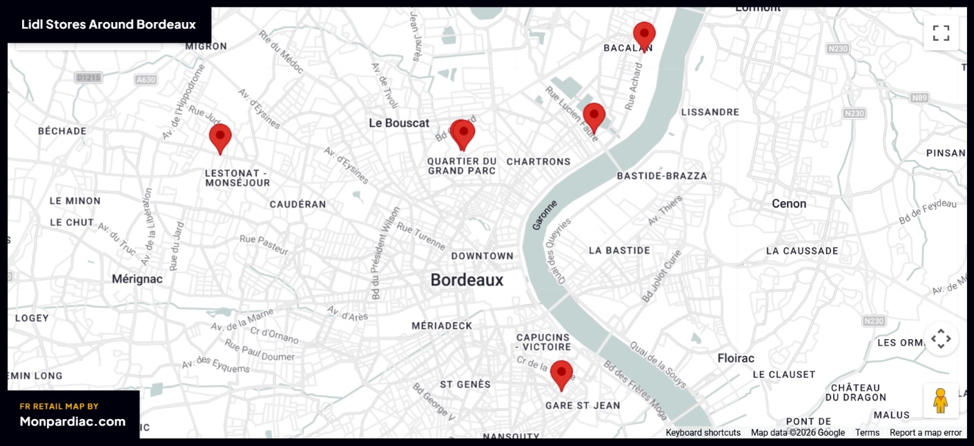 Plan des magasins LIDL à Bordeaux