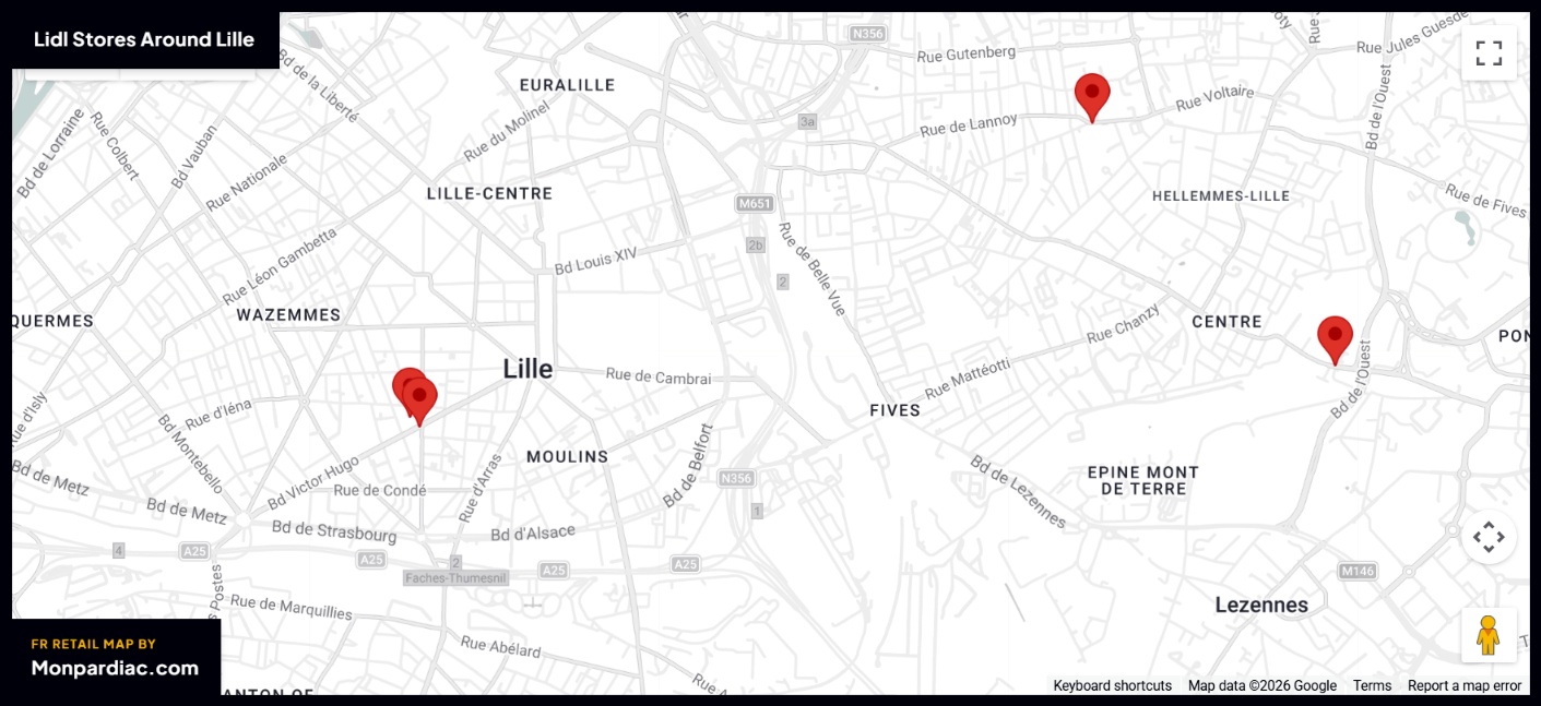 Plan des magasins LIDL à Lille