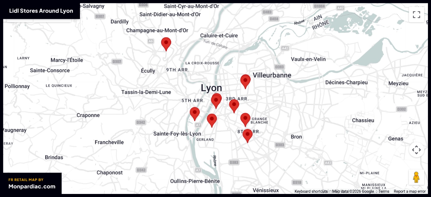 Plan des magasins LIDL à Lyon