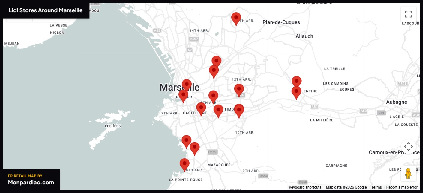 Plan des magasins LIDL à Marseille