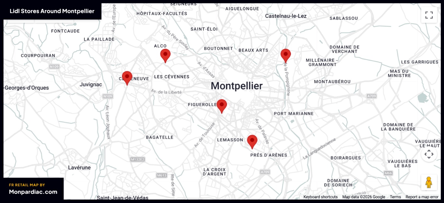 Plan des magasins LIDL à Montpellier