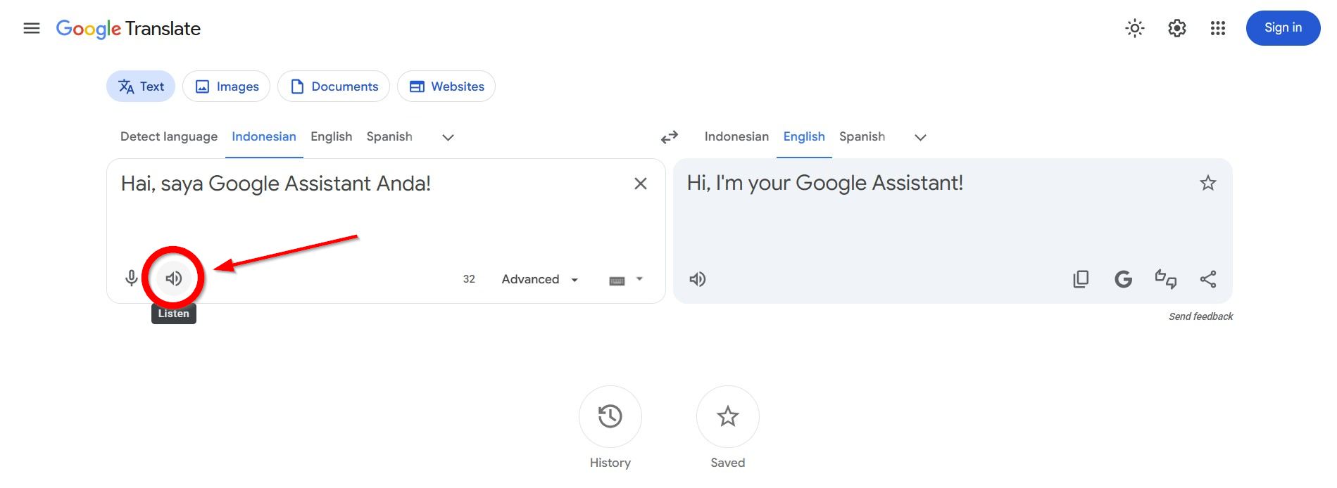 Klik Ikon Speaker di Google Translate