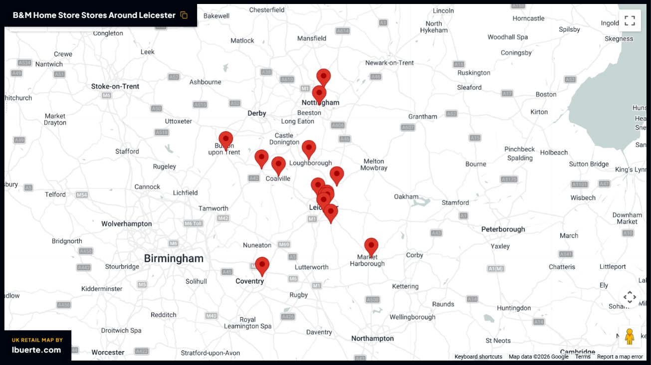 B&M store map in Leicester